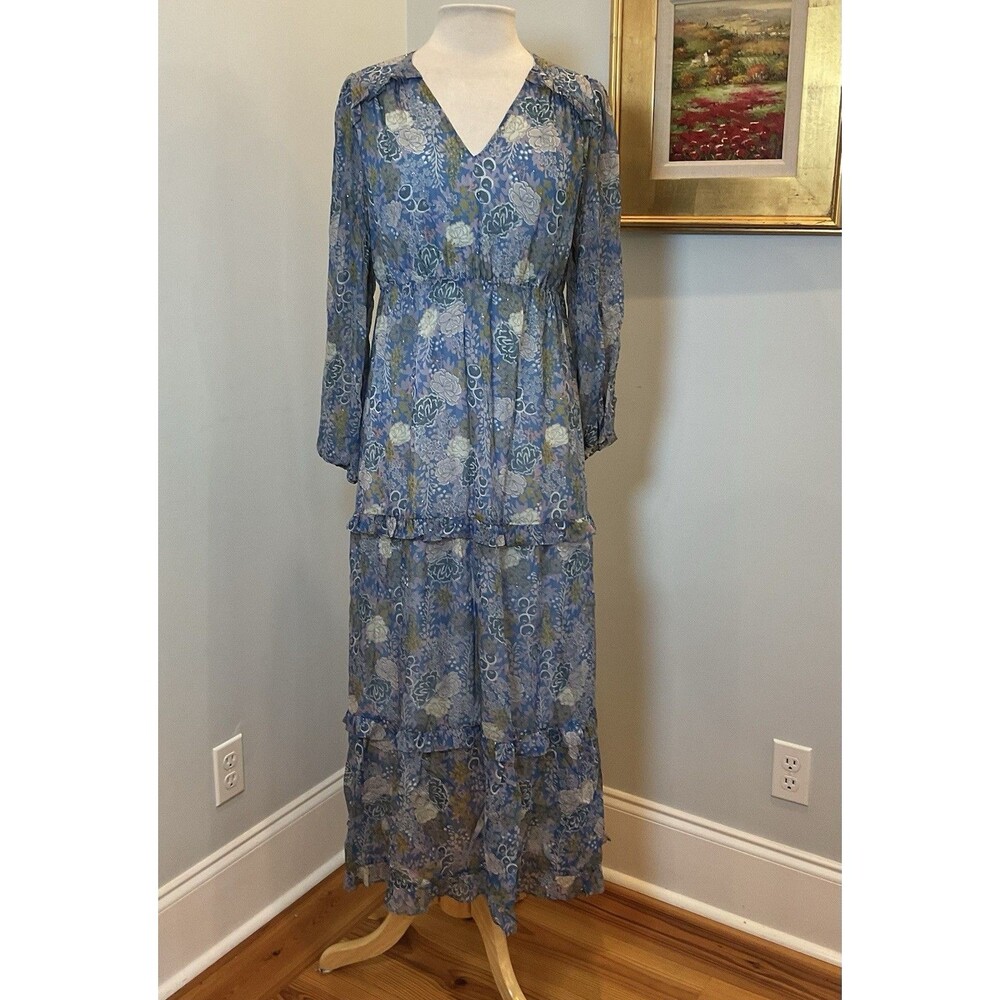 Marie Oliver‎ Blue Silk Metallic Floral Tiered Maxi Dress Long Sleeve Small